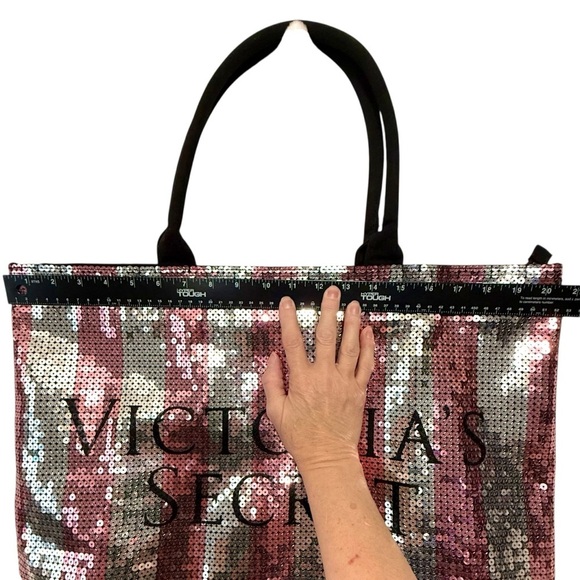 NWOT Victoria’s Secret Sequined Stripe Zip Closure Tote Bag – Pink Silver Black - Picture 6 of 9